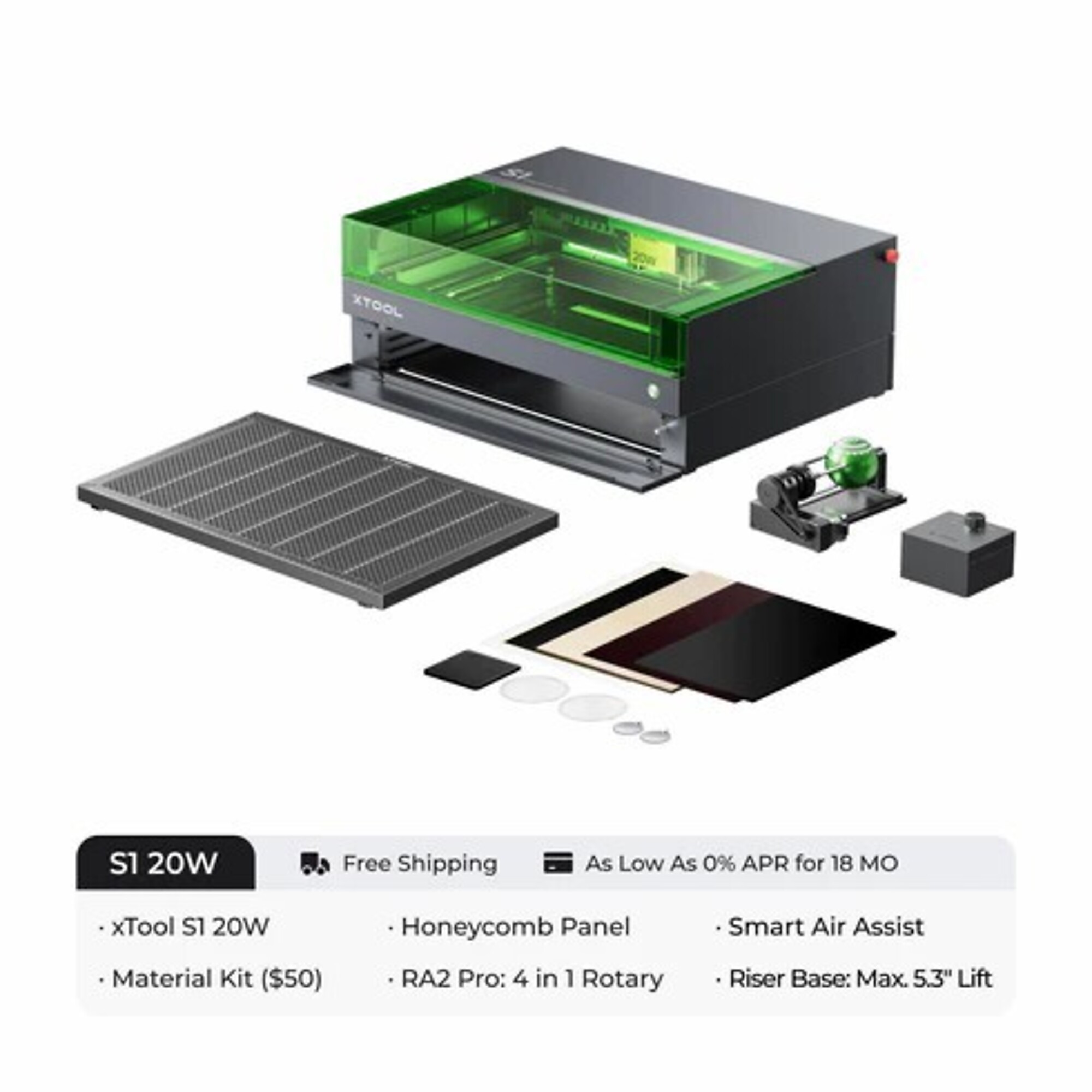 xTool, Laser Cutter and Engraver, 20w, 600mm/s, Working Width 25.98 in, Working Length 33.86 in, Laser Power 20 W, Model# xTool S1 20W Rotary Bundle